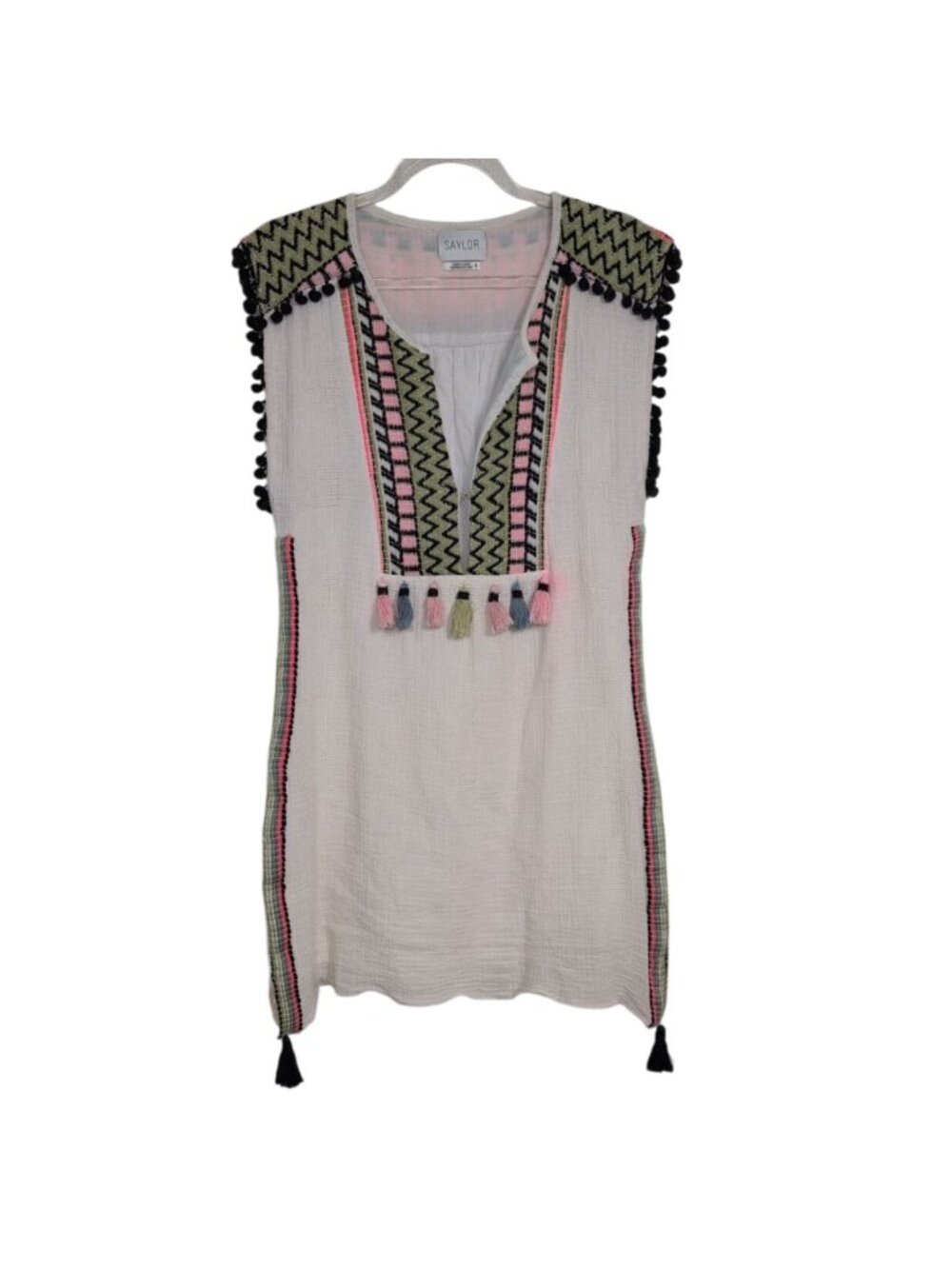 Saylor Embroidered Tabitha Dress Womens Size Small Boho Tassels Sleeveless Lined
